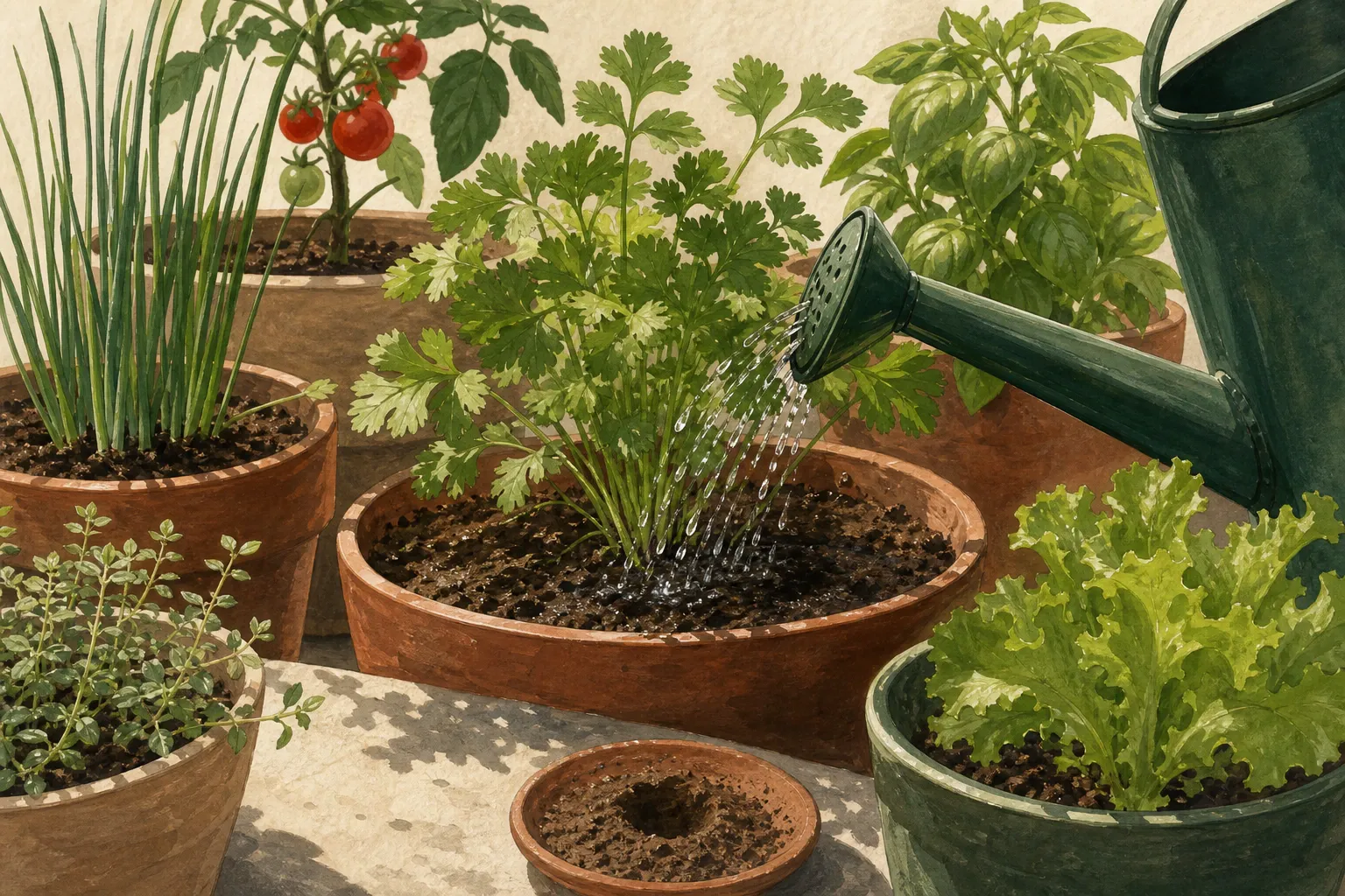 Regador molhando o substrato junto à base de ervas e hortaliças cultivadas em vasos.