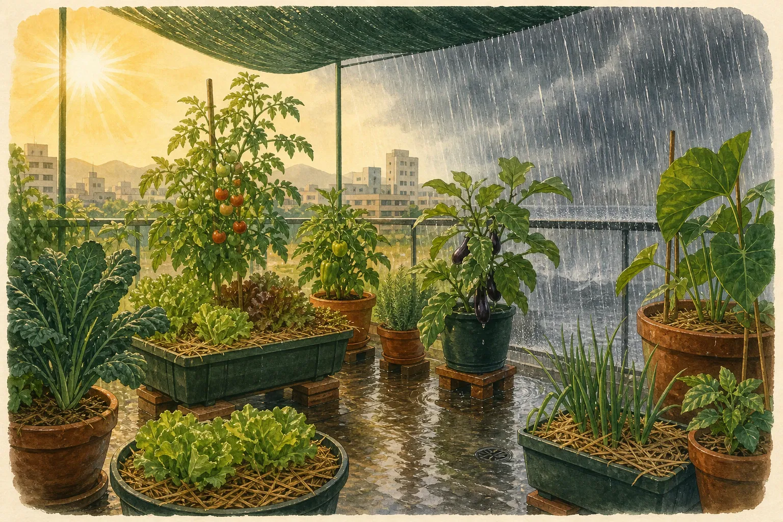 Horta em vasos protegida do sol forte e da chuva intensa com sombra, cobertura e boa drenagem.