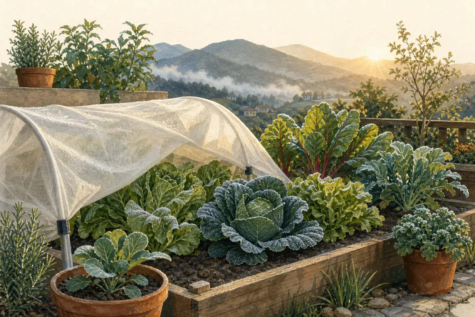 Horta em região de altitude ao amanhecer, com geada leve e parte do canteiro protegida por manta.