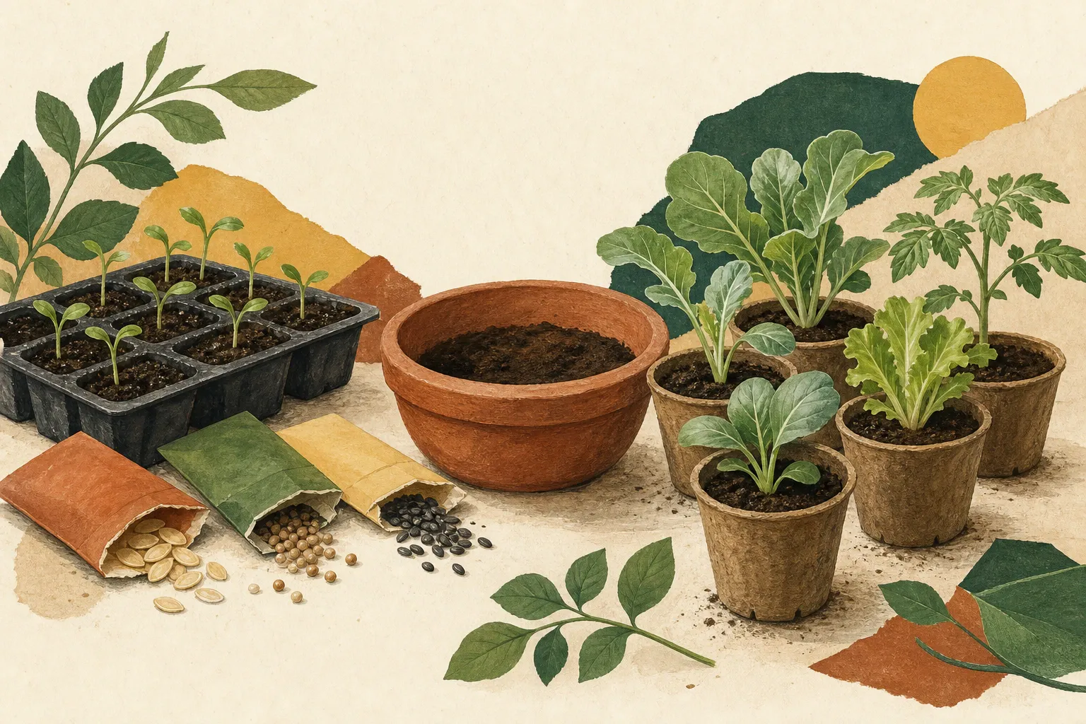 Sementes e bandeja de germinação ao lado de mudas jovens prontas para transplante.