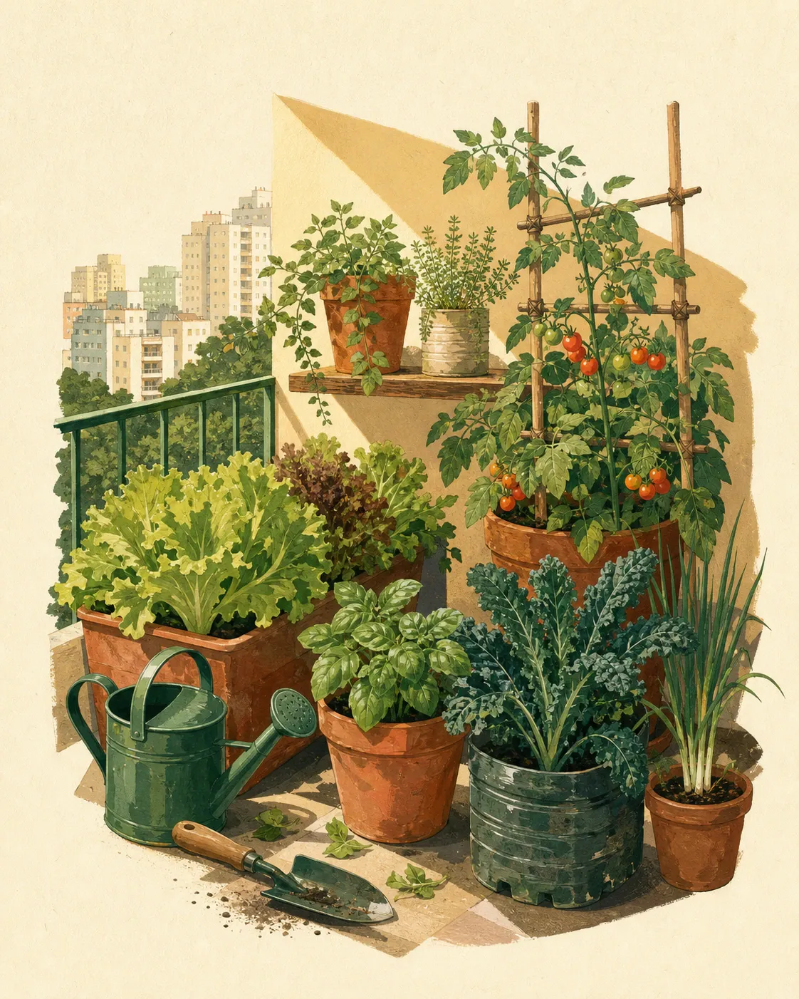 Horta doméstica em uma varanda urbana, com alface, couve, manjericão, tomate e cebolinha em vasos.